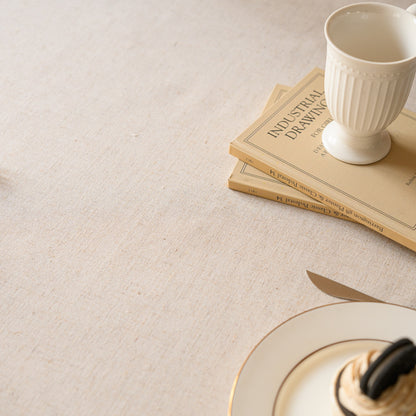 White Polyester Linen Tablecloth with Brown Tassel Lace