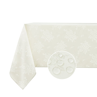 Polyester Jacquard Waterproof Elegant Damask Rose Floral Pattern Tablecloth in Ivory