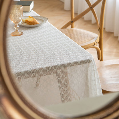Polyester French-Elegance Lattice Tablecloth with Wheat Tassels in White