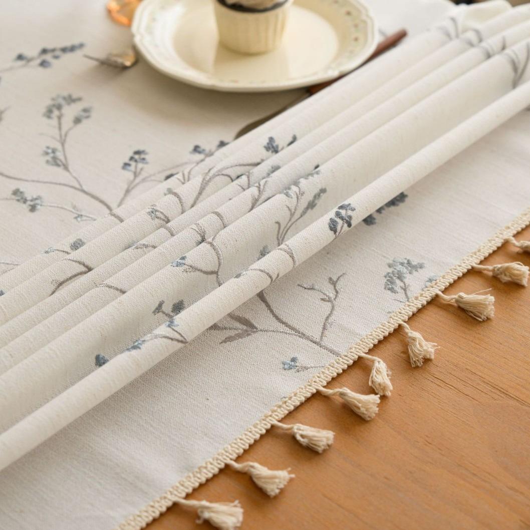 Cotton-Linen Embroidered Grey-blue Floral Tablecloth