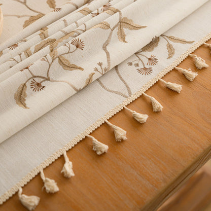 Polyester Embroidered Coffee-coloured Fan-shaped Leaf and Floral Tablecloth