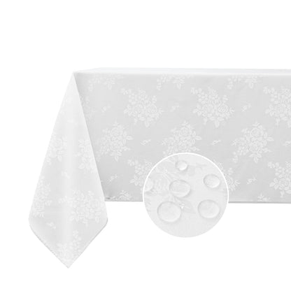 Polyester Jacquard Waterproof Elegant Damask Rose Floral Pattern Tablecloth in White