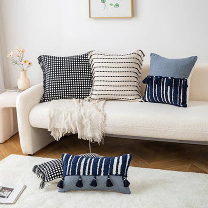 Polyester and Cotton Plaid Fringe Tufted Throw Pillowcases - Black and White Checkered Raw Edge