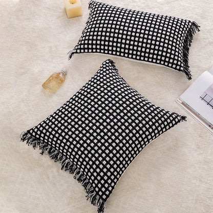 Polyester and Cotton Plaid Fringe Tufted Throw Pillowcases - Black and White Checkered Raw Edge