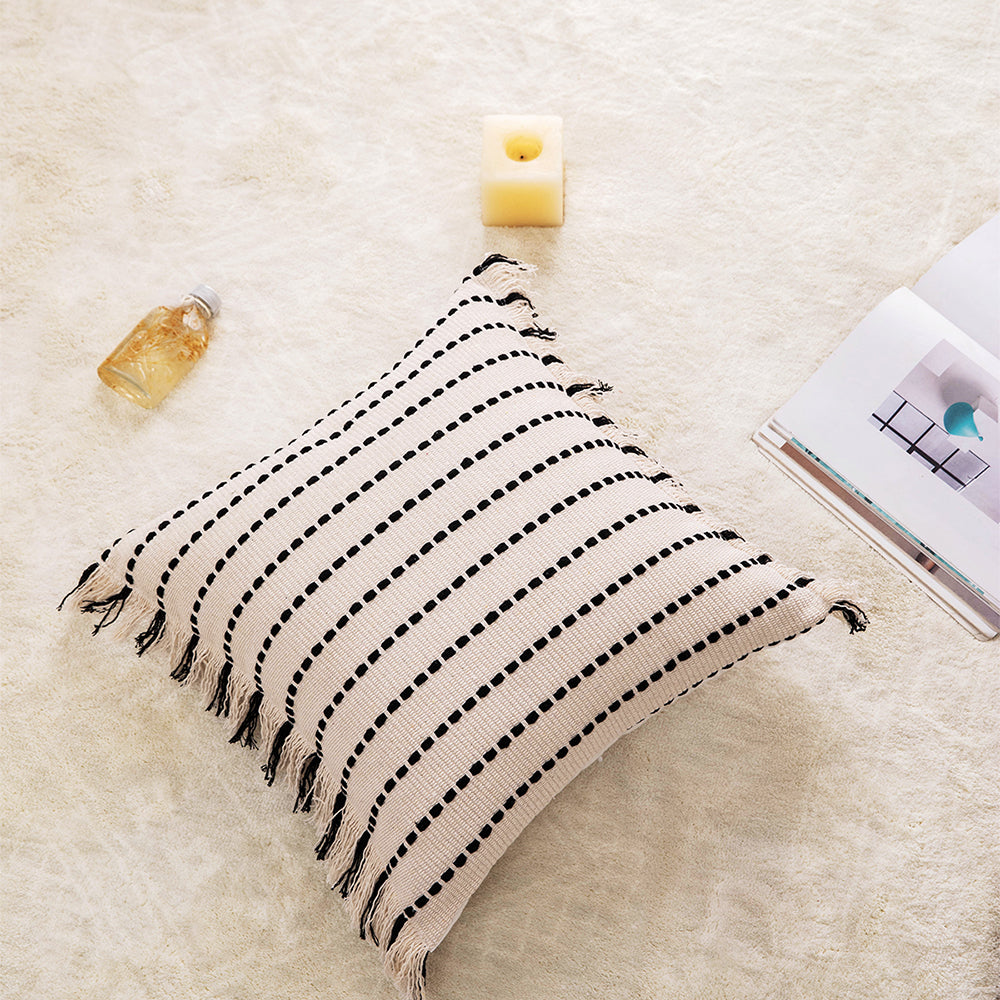 Polyester and Cotton Plaid Fringe Tufted Throw Pillowcases - Black Beam on a White Background