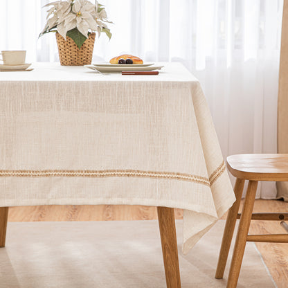 Poly-Linen Tablecloth with Brown Rope Trim in White