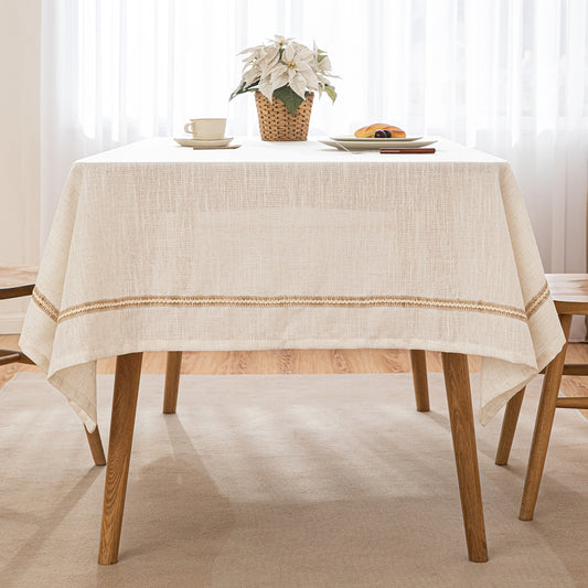 Poly-Linen Tablecloth with Brown Rope Trim in White