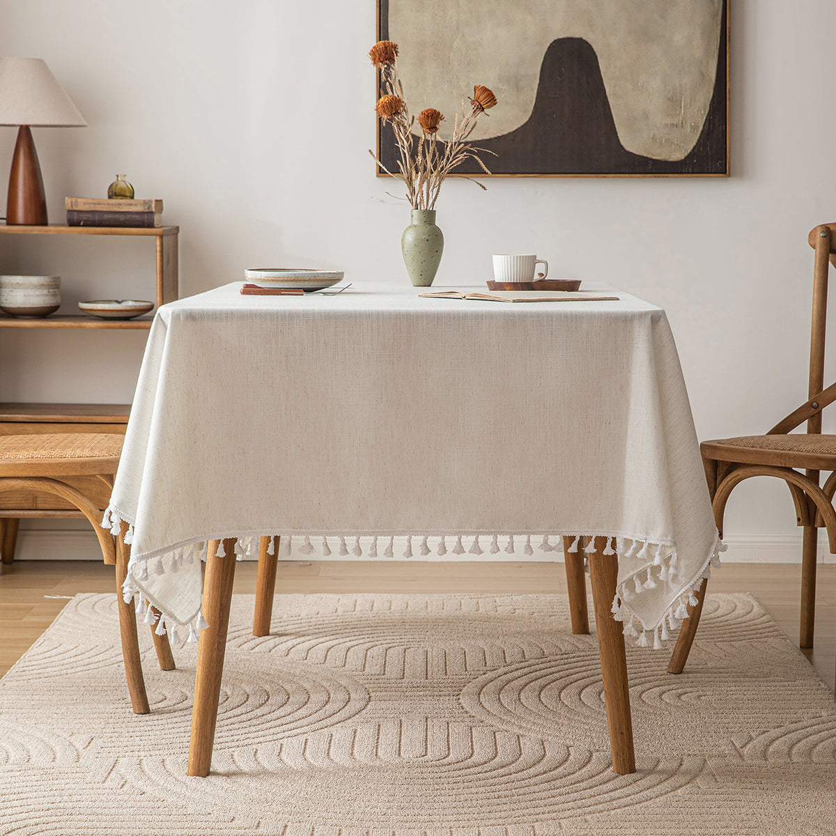 Poly-Linen Solid-Color Tablecloth with Tassel Trim in White