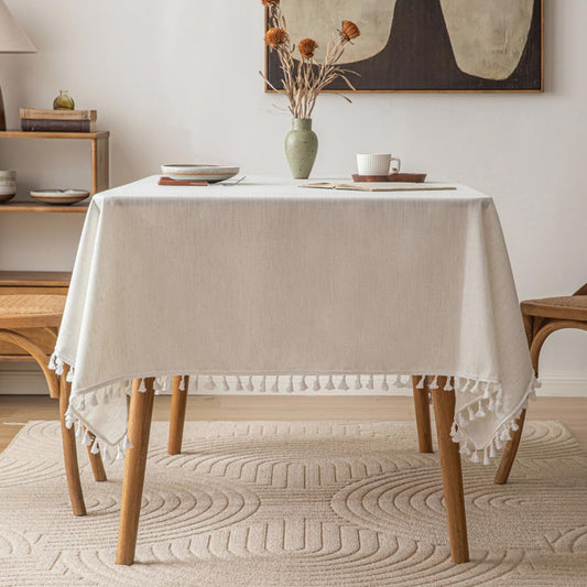 Poly-Linen Solid-Color Tablecloth with Tassel Trim in White