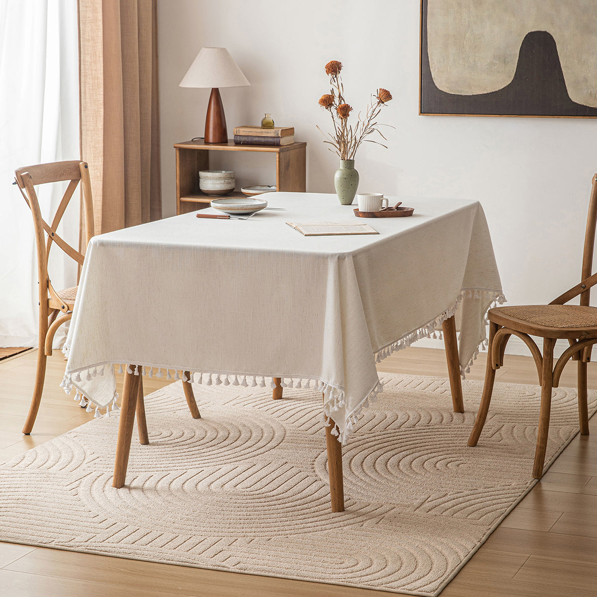 Poly-Linen Solid-Color Tablecloth with Tassel Trim in White