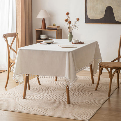 Poly-Linen Solid-Color Tablecloth with Tassel Trim in White