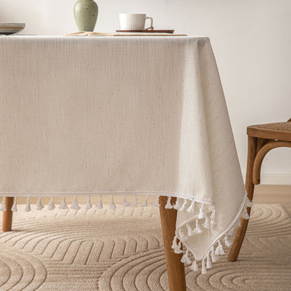 Poly-Linen Solid-Color Tablecloth with Tassel Trim in White