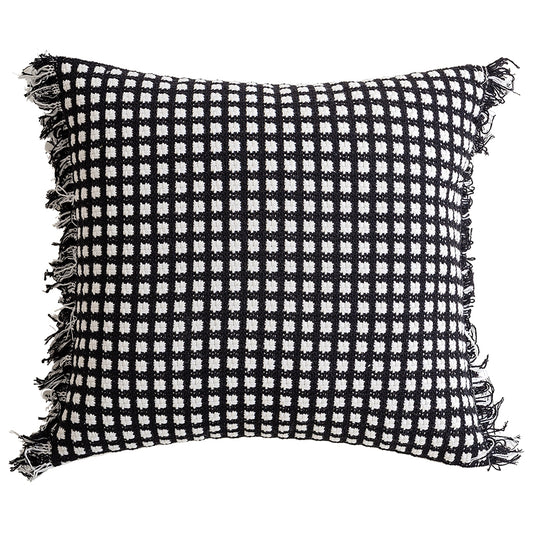 Polyester and Cotton Plaid Fringe Tufted Throw Pillowcases - Black and White Checkered Raw Edge