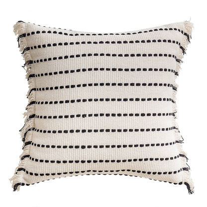 Polyester and Cotton Plaid Fringe Tufted Throw Pillowcases - Black Beam on a White Background