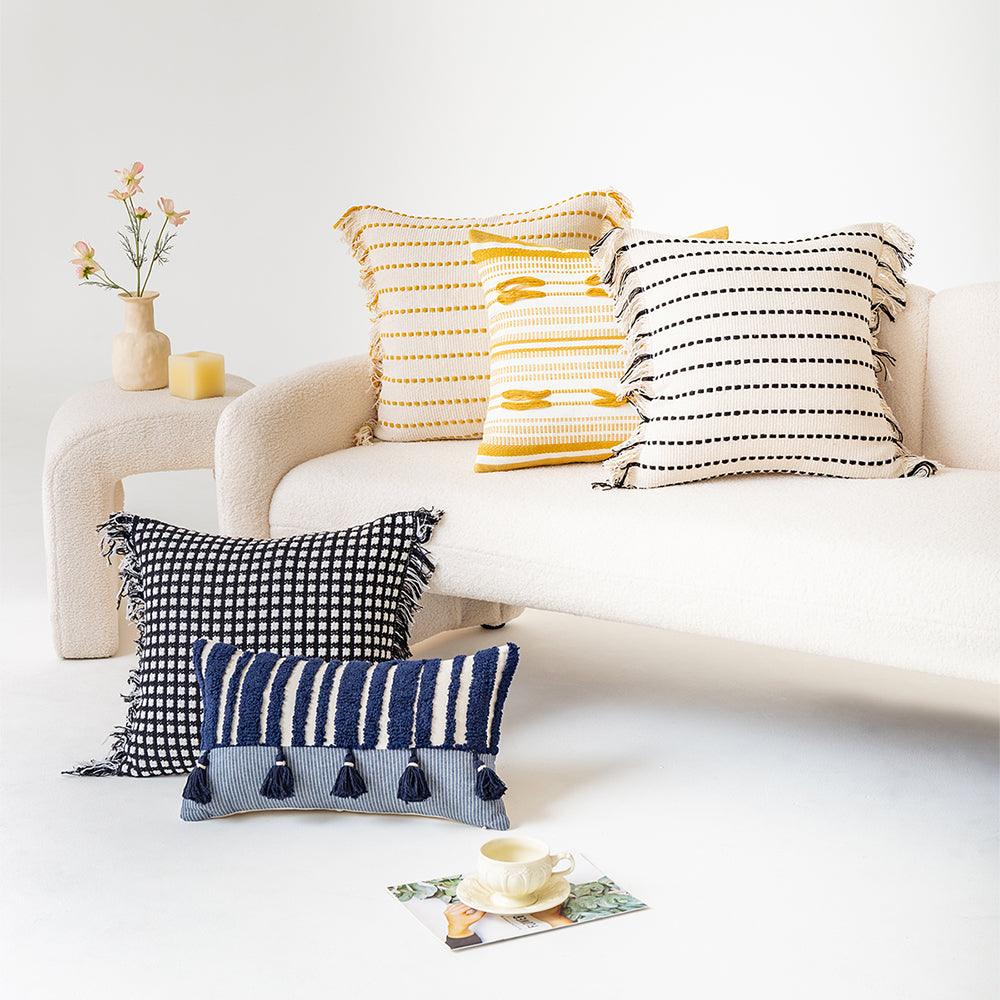 Polyester and Cotton Plaid Fringe Tufted Throw Pillowcases - Black Beam on a White Background