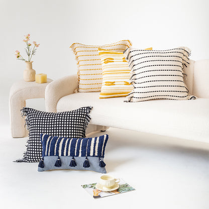 Polyester and Cotton Plaid Fringe Tufted Throw Pillowcases - Black Beam on a White Background