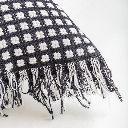 Polyester and Cotton Plaid Fringe Tufted Throw Pillowcases - Black and White Checkered Raw Edge