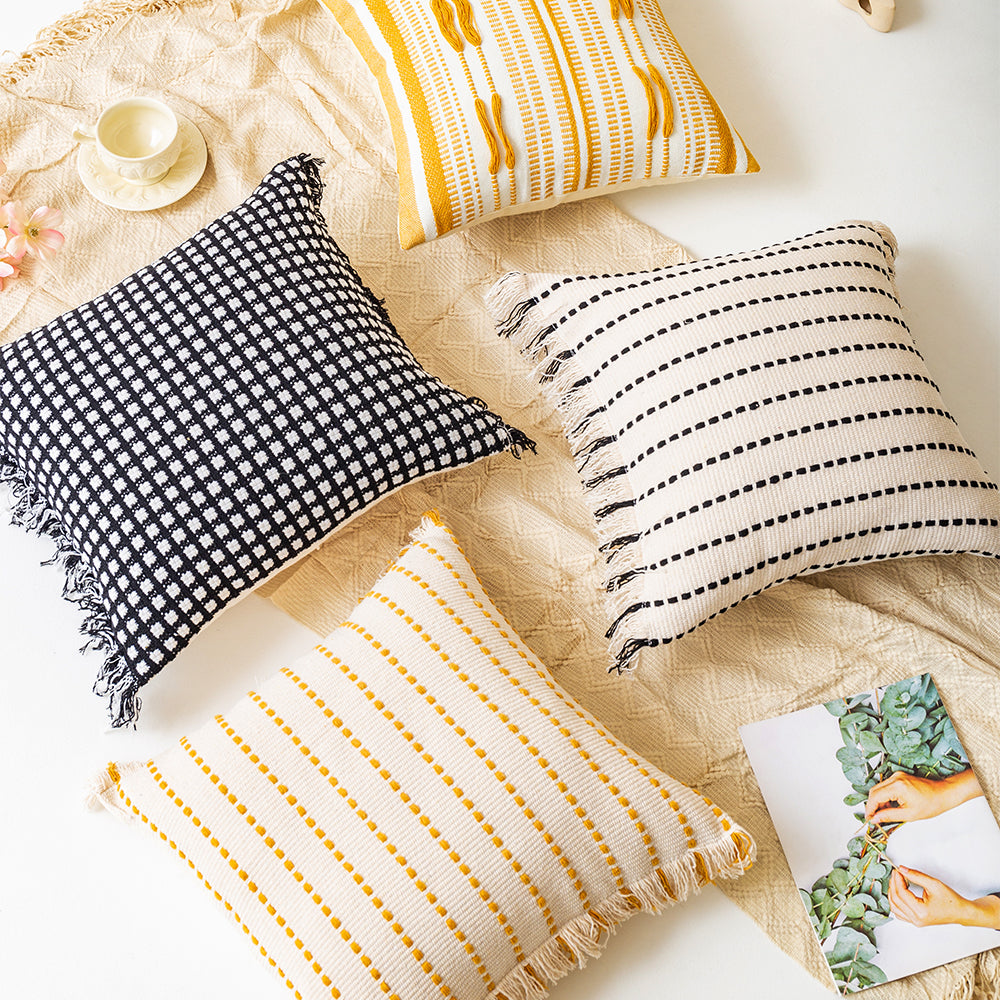 Polyester and Cotton Plaid Fringe Tufted Throw Pillowcases - Black and White Checkered Raw Edge