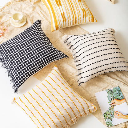 Polyester and Cotton Plaid Fringe Tufted Throw Pillowcases - Black and White Checkered Raw Edge