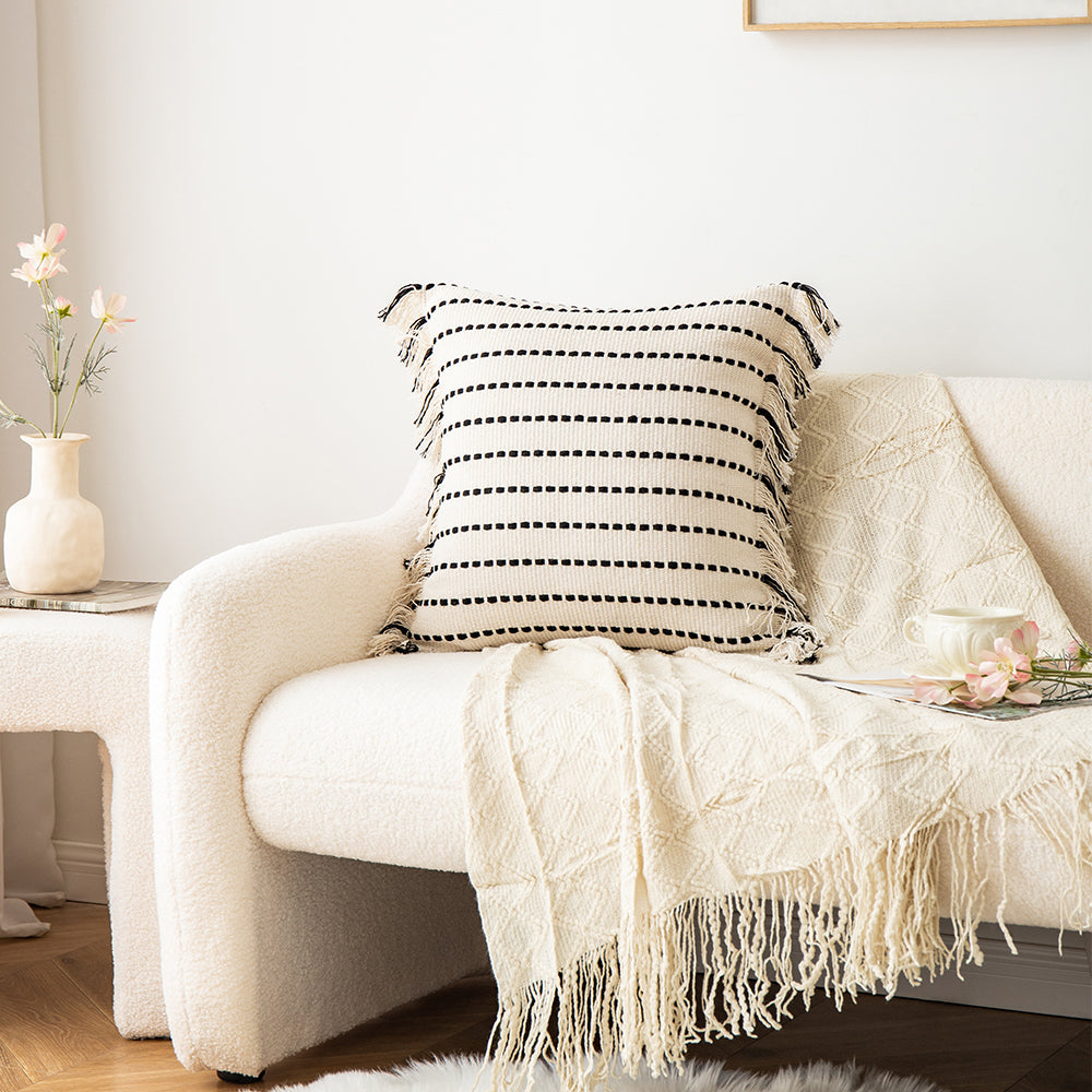 Polyester and Cotton Plaid Fringe Tufted Throw Pillowcases - Black Beam on a White Background