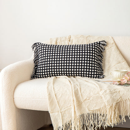 Polyester and Cotton Plaid Fringe Tufted Throw Pillowcases - Black and White Checkered Raw Edge