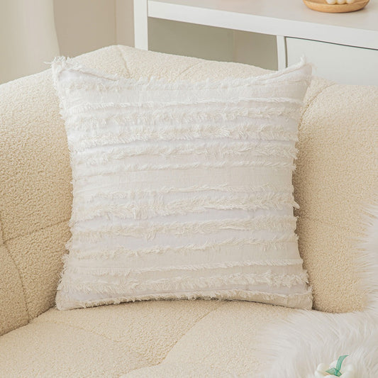 Polyester and Cotton Plaid Fringe Tufted Throw Pillowcases - White Cutout