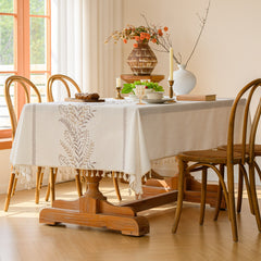 Cotton and Linen Gray Wheat Ear Embroidery Tablecloth with Tassels
