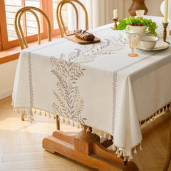 Cotton and Linen Gray Wheat Ear Embroidery Tablecloth with Tassels