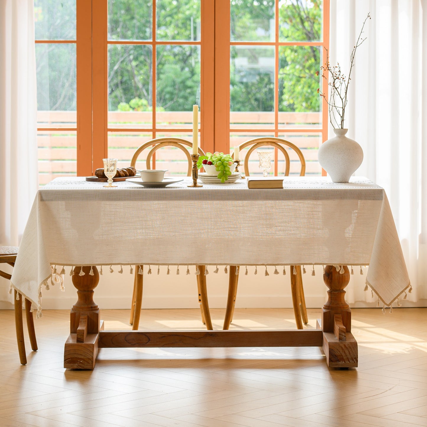 Polyester Gray Wheat Ear Embroidery Tablecloth with Tassels